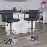 Flash Furniture CH-102029-GY-GG Contemporary Gray Quilted Vinyl Adjustable Height Barstool with Arms and Chrome Base